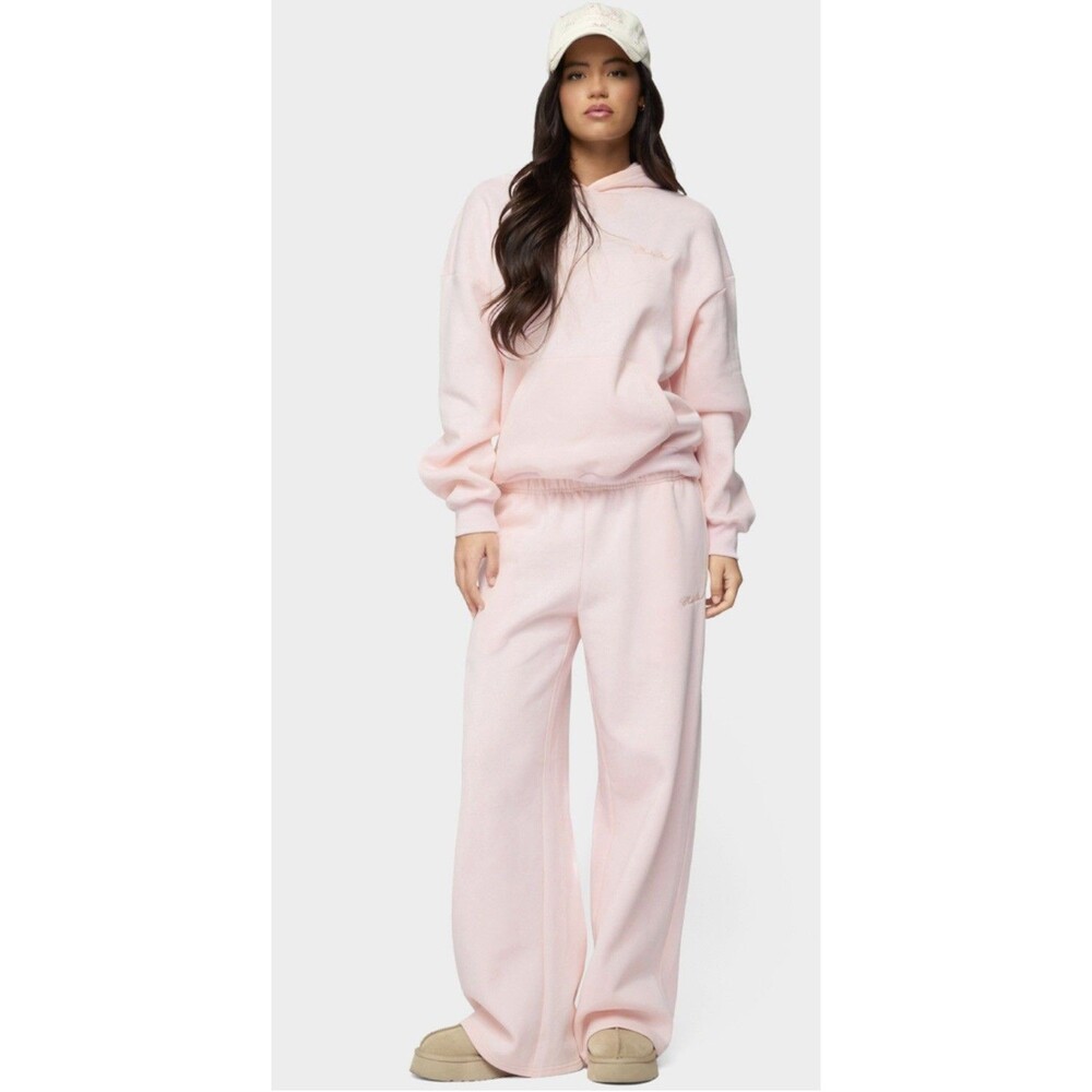 Edikted Oversized Fleece Pink Wide Leg Pants Sweatpants Size XS Pockets Y2K New
